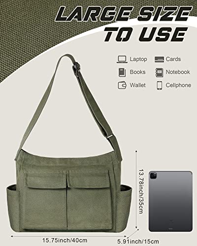 Sweetude Canvas Messenger Bag Crossbody Tote Bag With Multiple Pockets Laptop Large Shoulder Bags Aesthetic Casual Vintage Versatile School Cross Body Bag For Women Men, Green #TOP1