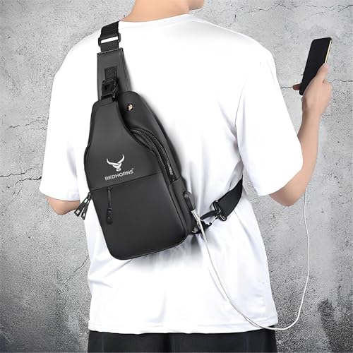 Image of REDHORNS Waterproof Crossbody Chest Bag for Men and Women Fashion Sling Bag With Adjustable Shoulder Strap, Multipurpose Cross Body Backpack with 4 Pockets, USB Charging Port and Earphone Hole