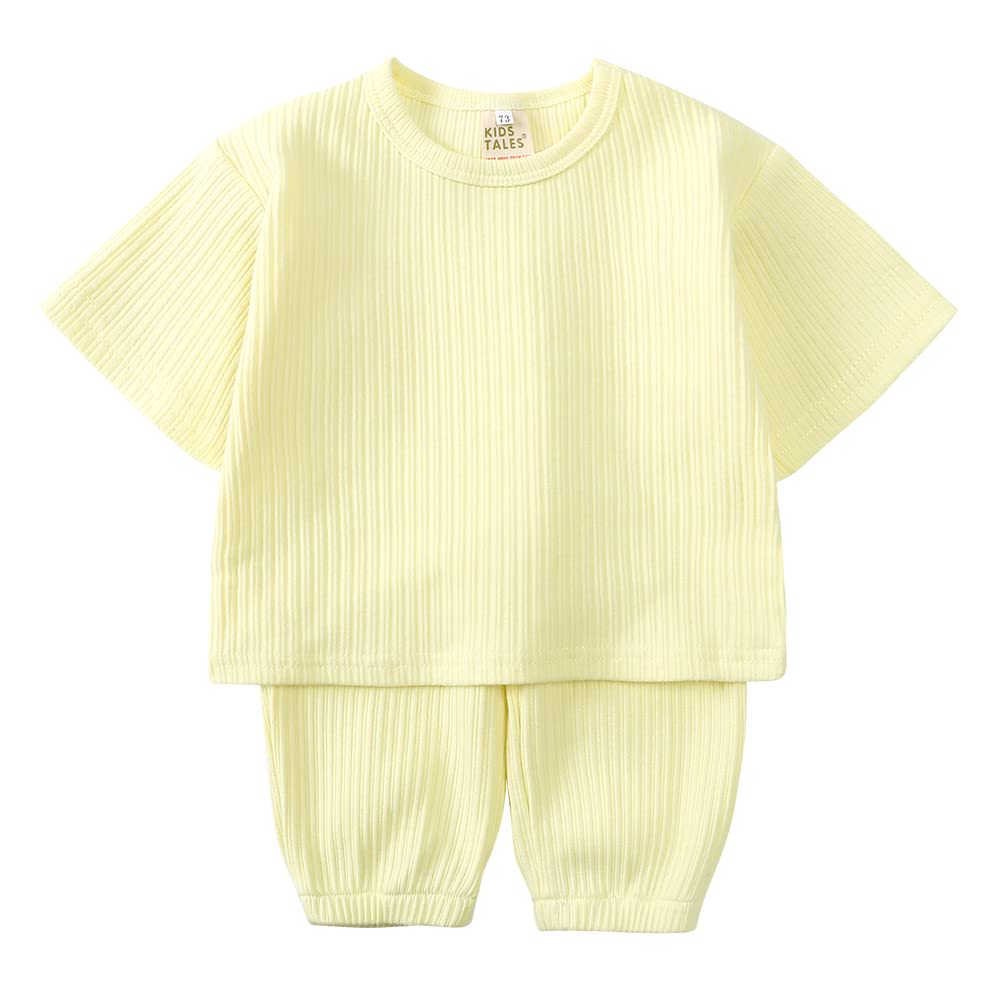 Kids TalesBaby Girls Knitted Ribbed Clothes Set 2PCS Solid Short Sleeve T-shirts + Elastic Loose Sweatpants