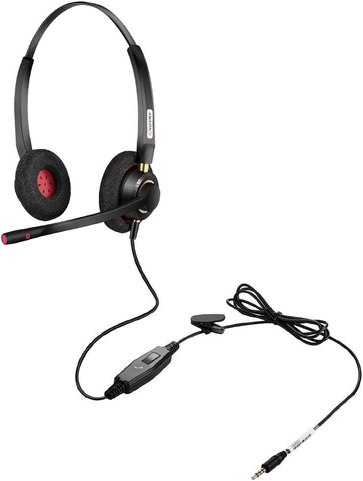 Arama Wired Cell Phone Headset Binaural with Noise Canceling Boom Mic and Adjustable Fit Headband for iPhone Samsung LG HTC BlackBerry ZTE Huawei Mobile Phone with 3.5 mm Jack (A802MP)