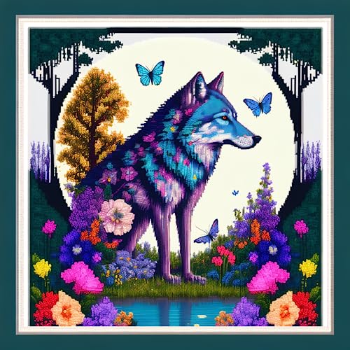 Image of Joyhoor Cross Stitch Kits for Beginners Stamped Cross-Stitch Supplies Needlework preprint Embroidery Kits for Adults DIY Needlepoint Kits Embroidery Patterns 11CT-Wolf Butterfly 17.7x17.7 inch