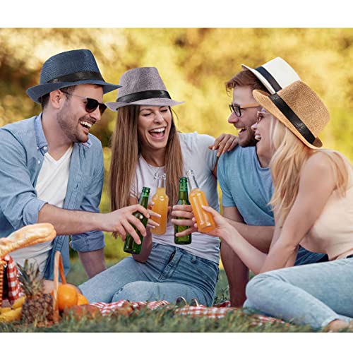 Fivebop 4 Pack Women Men Fedora Hat Short Brim Panama Summer Beach Sun Hat Classic Gatsby Fedora Hats (Large, 4 Pack-Black+White+Blue+Khaki)