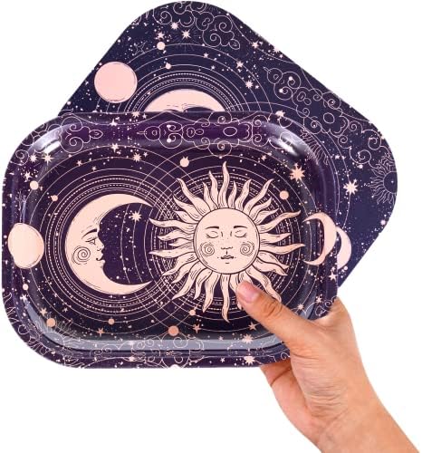 Sun Lunar Rolling Tray with Magnetic Lid, 7x5.5 - Small Whimsigoth Decorative Tray Cute - Ideal for Home& Travel, Celestial Aesthetic Metal Tray - Mystical Gifts for Spiritual Hippie, Astrology, Tarot