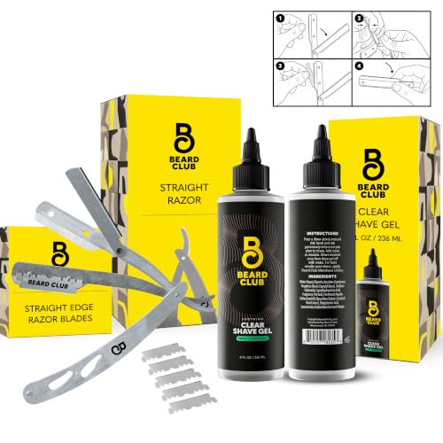 Beard Club Straight Razor for Men &amp; Premium Shaving Gel for Men – Hydrating Mens Shave Cream for Sensitive Skin &amp; Navajas Para Barbero - Barber Straight Edge Razor Kit, 5 Blades, Cedar Scent Gift Kit