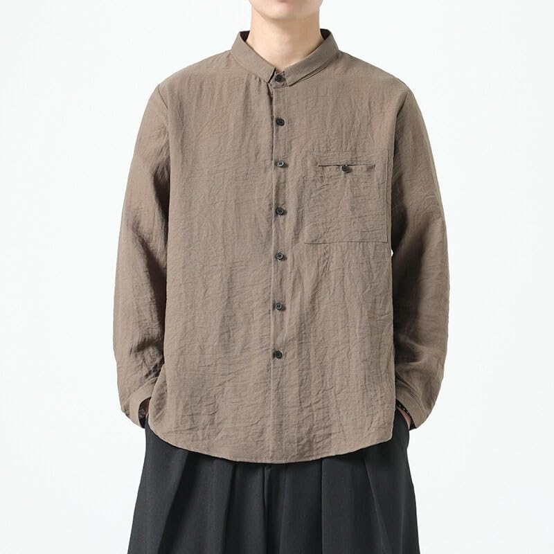 Chemise style chinois manches longues lin mélangé ample unisexe décontractée - 7