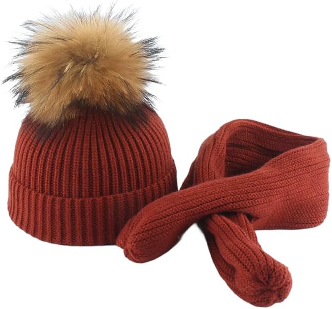 Kids' Rabbit Fur Pom Pom Hat & Scarf Set, Grey Knit Winter Beanie with Scarf, Soft Thermal Set for Boys & Girls