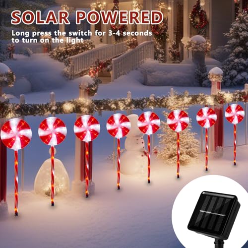 Christmas Solar Pathway Lights, 27" Set of 8 Lollipops Peppermint Stake Lights, 8 Modes Candy Cane Walkside Lights, Outdoor Xmas Decoration for Walkway,Yard(8PCS-Red) by ILLUMINEW - Image 4