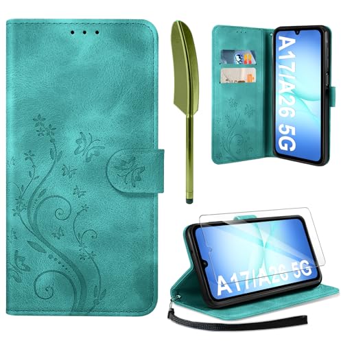 AROYI Case Compatible with Samsung Galaxy A17 5G/A26 5G Case with Tempered Glass Screen Protector,Wallet Case PU Leather with Card Slots Folding Stand Magnetic Protect Flip Cover Dark Green