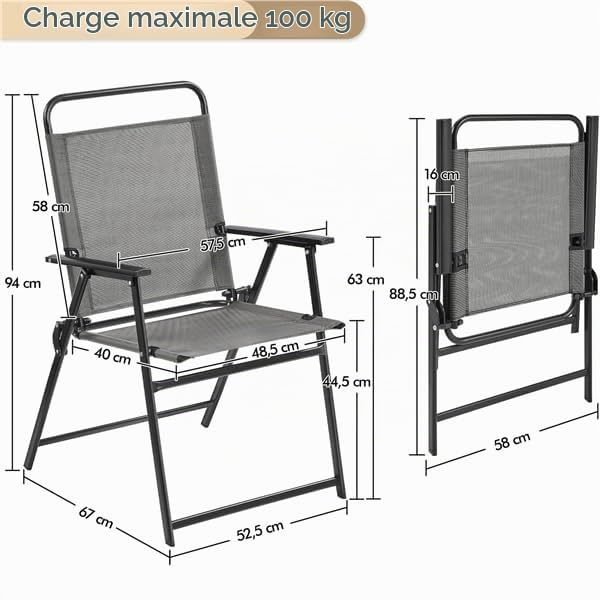 Yaheetech Lot de 4 Chaise de Jardin Extérieur Chaise Pliante Camping Portable Tissu en Polyester Respirant et Robuste Gris