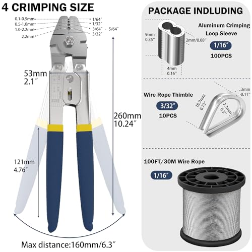 Herramienta de crimpado con cable de acero inoxidable de 1/16 y 100 fundas 3