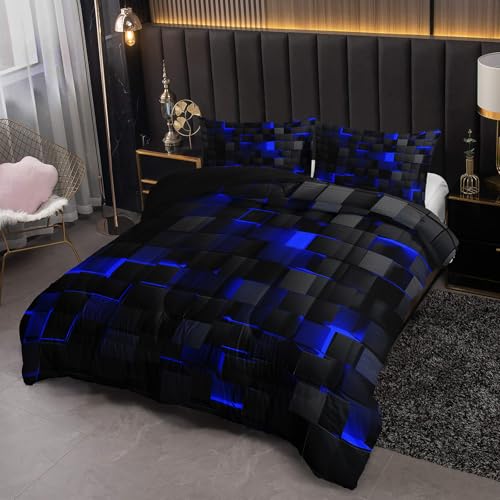 Image of Nttopship Neon Blue Black Comforter Set King Geometric Kids Bedding Set,3 PCS Geometry Honeycomb Bed Set Modern Quilt Set 1 Comforter 2 Pillow Cases Cool Room Decor All Season B-Side Black