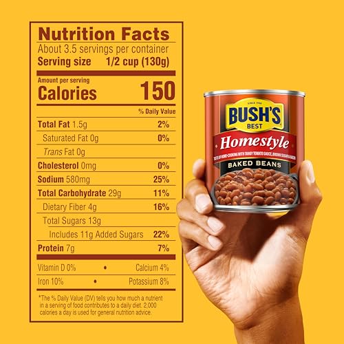 Image of BUSH'S BEST 16 oz Canned Homestyle Baked Beans, Source of Plant Based Protein and Fiber, Low Fat, Gluten Free, (Pack of 12)