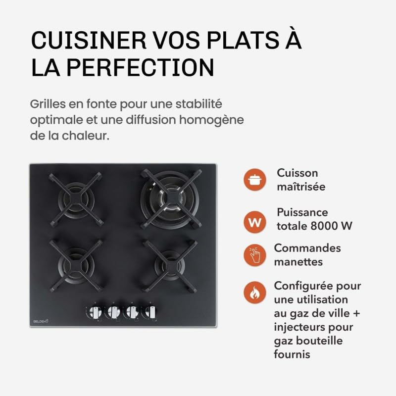 BELDEKO Plaque Gaz 4 Feux 8000W Noir Mat Grilles Fonte - Marque Française