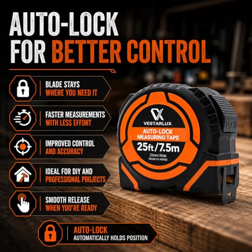AutoLock Bande de mesure de poids lourd auto-décollant bande de mesure avec crochet multi-correspondance, 1-Inch Lame large double échelle Impériale & Outil rétractable métrique durable pour la construction & DIY (7,5m/25ft)