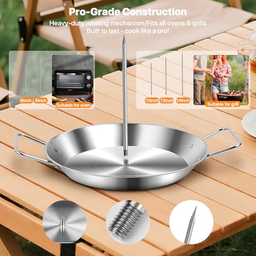 Stainless Steel Shawarma Pan for Oven & Grill - Vertical Skewer with Gyro Plate & 5 Spikes (6"-14") in Middle - Al Pastor Rotisserie for Tacos, Chicken, Pork - Gyro Cooking Pan, Roasting Skewer Stand.