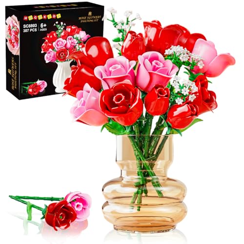 HOGOKIDS Blumenstrauß-Bausatz mit Lichtern - 16 Rosenstrauß botanische Bausteine künstliche Rot Rosen Blumen für Heimdekoration Muttertag Geburtstagsgeschenke für Mädchen Erwachsene - 387 Teile (ROSA)
