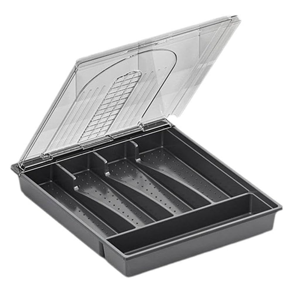 CTRLZS Organizer with Lid,Plastic Cutlery and Flatware Storage Box, Compartments Covered Utensil Tray for Kitchen Drawer A