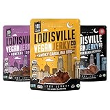 Louisville Vegan Jerky, Variety Pack – 3 Pack Includes Smoky Carolina BBQ, Smoked Black Pepper, General Tso - Non-GMO Soy Protein – Gluten-Free Ingredients, High Protein Vegan and Vegetarian Meat Jerky Snacks (3 oz, 3-Pack)