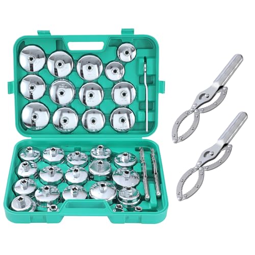 TOPWAY 35 PCs 1/2' Juego de Vasos para Llaves de Filtro de Aceite con 2 Esposas Tipo de Llave de Filtro de Aceite de Ajustable y Llave, Acero Inoxidable, para Reparación de Automática