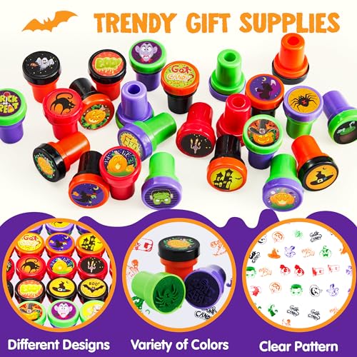 Image of JOYIN 50 Pcs Halloween Stamps for Kids, 25 Designs Assorted Plastic Stamps Bulk, Trick Or Treat Stampers for Halloween Party Favor Gifts, Halloween Goodie Bag Fillers Classroom Game Prizes