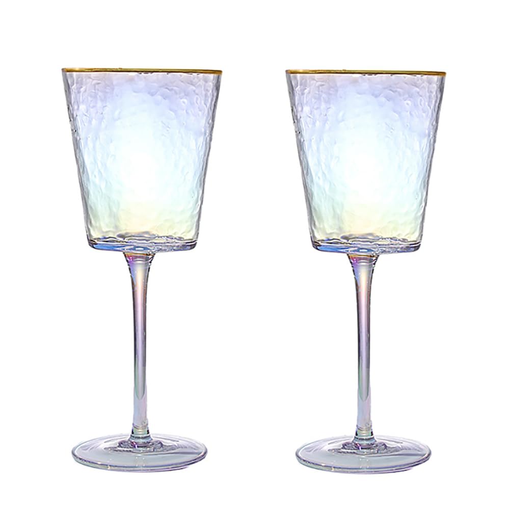 HIUHIU Wine Glasses Set of 2 with Gold Rim, Colored Champagne Flutes Glass Long Stemmed Cystal Drinking Cups Glassware with Hammer Patter for Wedding/Party,Iridescent,Red Wine Glasses