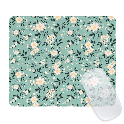 【Seorsok】花柄 マウスパッド 疲労軽減 かわいい ゲーミングマウスマット ゴム底 パーソナライズ デスクマット 滑り止め 水洗い 耐久性良い 柔軟 おしゃれ オフィス/ホーム用 9.5 X 7.8 インチ，白い花-グリーン底