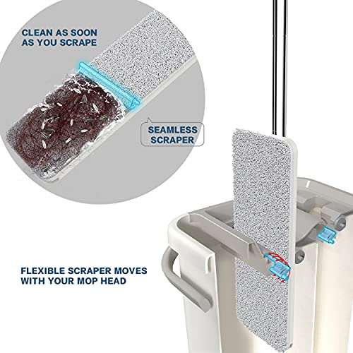 oshang Flat Floor Mop and Bucket Set for Home Floor Cleaning, Hands Free Floor Flat Mop, Stainless-Steel Handle, 2 Washable & Reusable Microfiber Pads