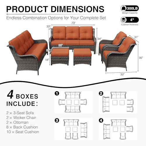 Image of Joyside 6 Piece Wicker Patio Furniture Set, Rattan Patio Chairs with High Back, Deep Seating, Wide Armrest, Thickened Cushions, Outdoor Furniture for Deck, Porch Use