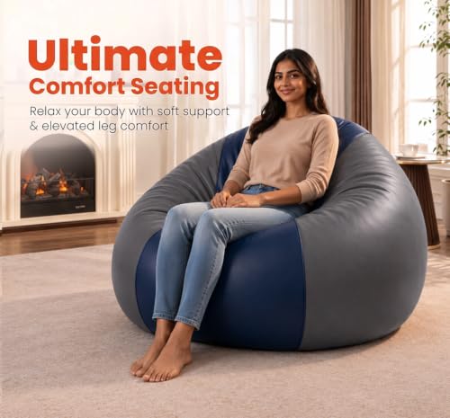 Image of Sattva Classic 3XL Bean Bag Chair with Beans Filled | Faux Leather Sofa Style Bin Bags with Filled Beans | Comfortable Seating for Adults & Teens, Home & Office - Navy Blue & Grey