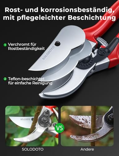 SOLODOTO Gartenschere – 4× schärfer, japanische SK5 Hochkohlenstoffstahlklinge, Bypass-Schneide, 25 mm Schnittdurchmesser, für trockenes, frisches Holz, doppelte Antihaft-Beschichtung, Rosenschere