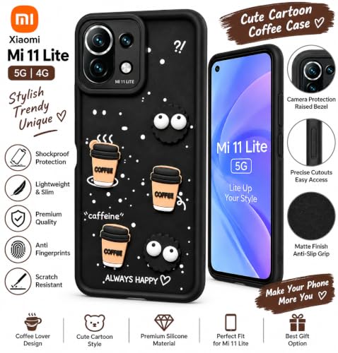 Image of Bintage Back Cover Compatible for Mi 11 Lite NE /Mi 11 Lite 5G | Cute Fun Ball | 3D Taddy Smiley Coffee | Milk Case | Full Body Protection - Black