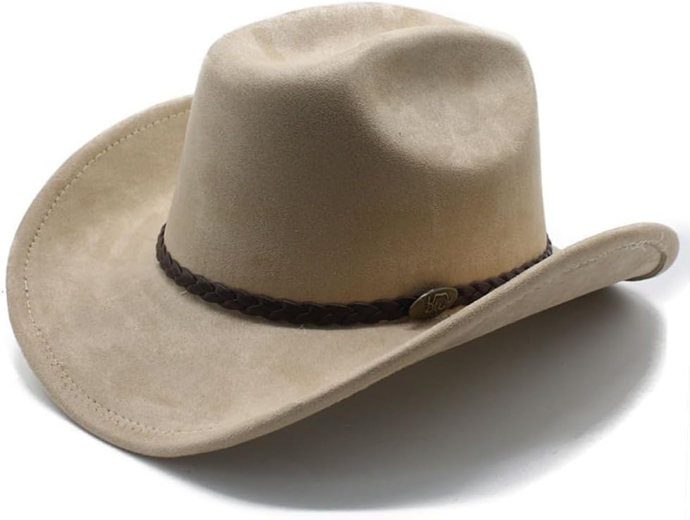 Western Cowboy Hat, White, Felt Material, Braided Brown Band, Classic Style