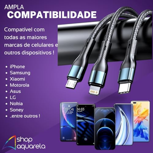 Cabo Carregador USB 3 em 1 Turbo 100W Display LED Trançado compatível com iPhone/Tipo C/Micro-USB