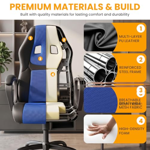 Image of Ergonomic Office Chair Cheap Desk Chair PC Gaming Chair Rolling PU Leather Swivel Chair Executive Computer Chair Lumbar Support for Women, Men(Blue)
