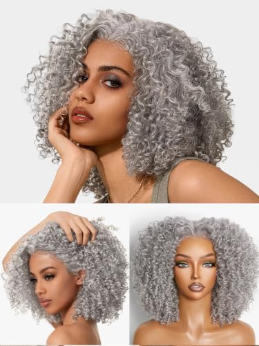 Image of Short Curly Wigs for Black Women 12 Inches Jerry Curly Wig Grey | 13x6 Frontal Lace Wig Glueless Wig Veralux Fiber Blend Human Hair 200% Density Ready to Go Headband Wig