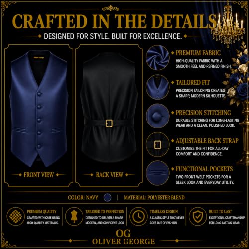 Image of Oliver George 4pc Men's Solid Formal Suit Waistcoat Tuxedo Dress Vest Necktie Bowtie Handkerchief Set for Suit or Tuxedo