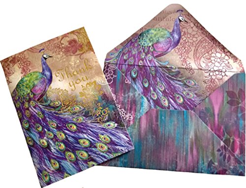 Punch Studio Window Boxed Set 12 Gold Foil Thank You Note Cards ~ Purple Aiguillerie Peacock 97515