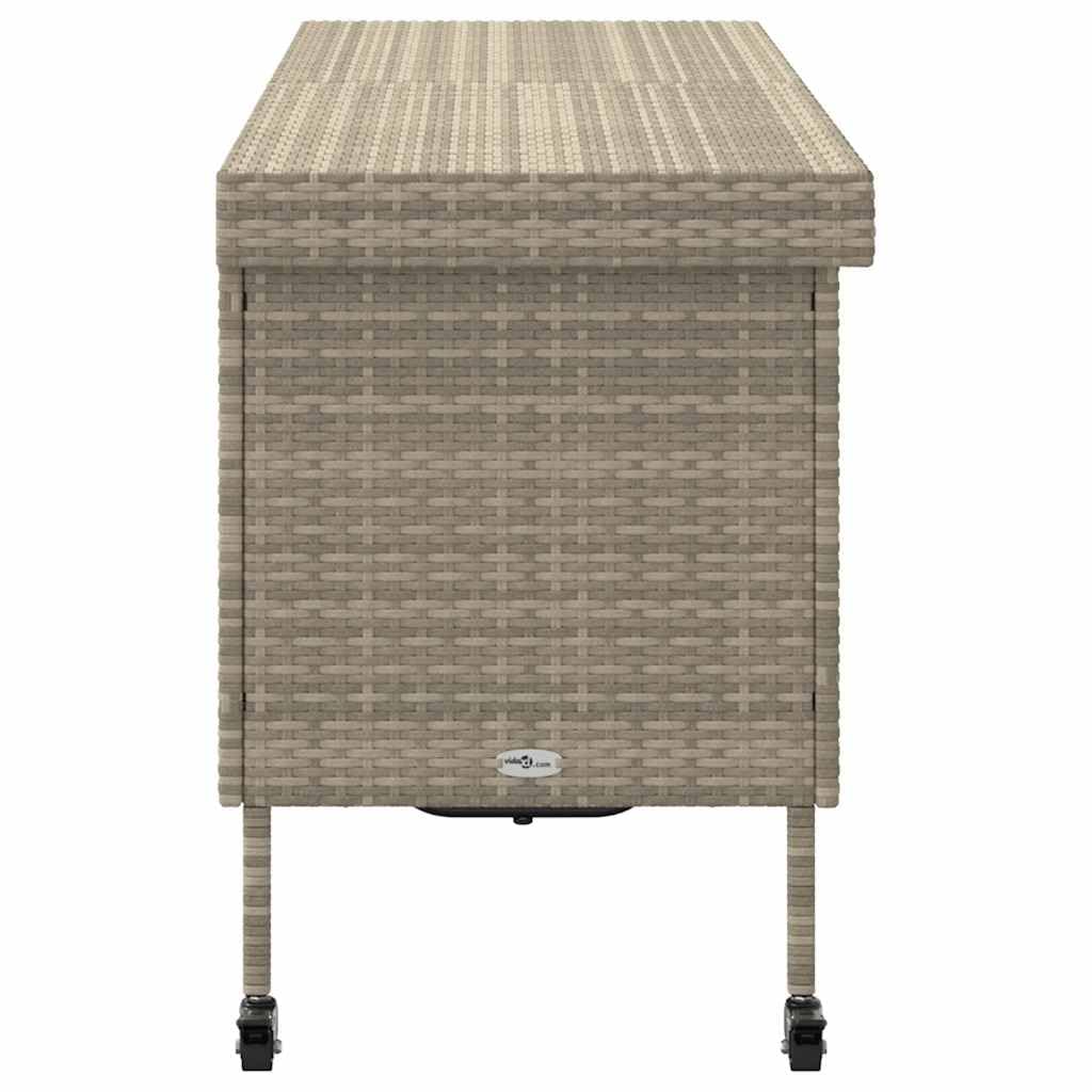 Caja de almacenamiento de resina trenzada gris claro con ruedas y frenos, caja de almacenamiento para cojines exteriores, marco de acero recubierto de polvo, tapa de resorte de gas, bolsa