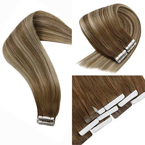 VeSunny 16inch Tape Hair Extensions Balayage Remy Hair Blonde Human Hair Extensions #6 Brown Fading to #60 White Blonde Real Tape in Hair Extensions Blonde Straight 20pcs 50 Gram