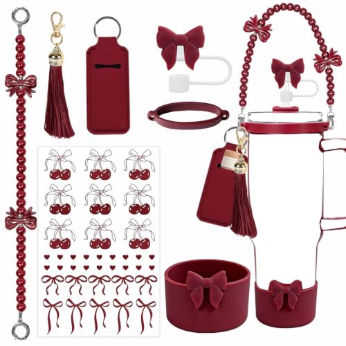 Image of House of Quirk 6 Accessories Set Silicone Straw Cover, Cup Boot, Handle Chain, Handle Strap, Sticker 40oz & 30oz Tumbler (Bow Maroon, Tumbler Not Included)