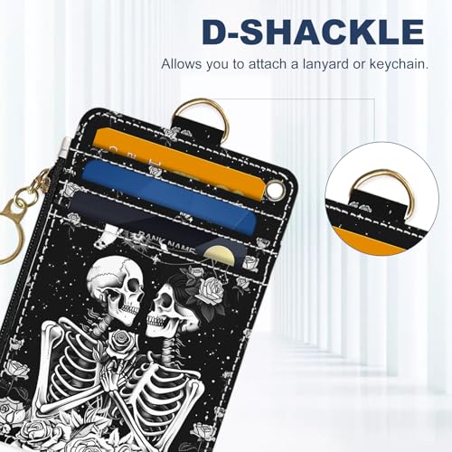 Image of Slim Wallet Credit Card Holder, Skeletons and Flowers, RFID Wallet Women Cute Small Front Pocket Wallet With Zipper, PU Leather Thin travel RFID Blocking Card Case ID Window,Ladies Gifts