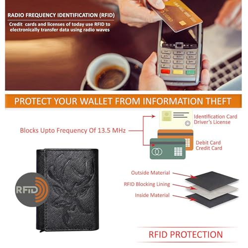 Image of Men's Genuine Leather RFID Wallet | Premium Slim Red Wallet for Men with Deer 3D Print | 8 Card Slots Secure and Durable | Casual Stylish | Formal & Gifting Use, Black (Safiano /Black)