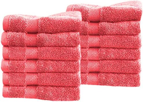Cotton & Calm Exquisitely Fluffy 100% Cotton Wash Cloths Set - Luxurious 12 Pack Coral Washcloths - 13x13 inches Face Towel - Super Soft, Thick & Absorbent for Face, Hand, Gym & Spa