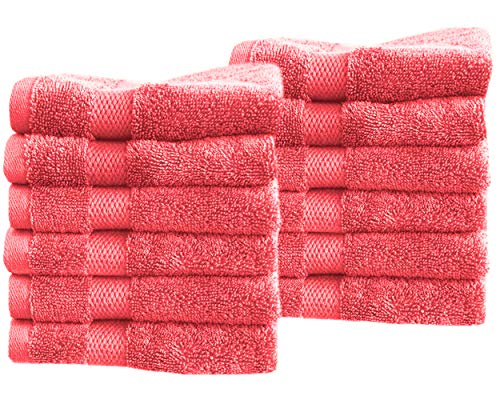 Cotton & Calm Exquisitely Fluffy 100% Cotton Wash Cloths Set - Luxurious 12 Pack Coral Washcloths - 13X13 Inches Face Towel - Super Soft, Thick & Absorbent For Face, Hand, Gym & Spa #TOP1