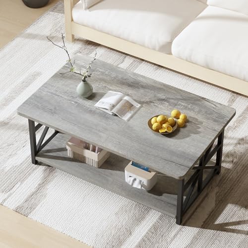 Image of AWQM Gray Coffee Table for Living Room with Round Corners, 2 Tier Living Room Table with Storage Shelf,Rectangular Coffee Table Center Table for Small Spaces,Easy Assembly