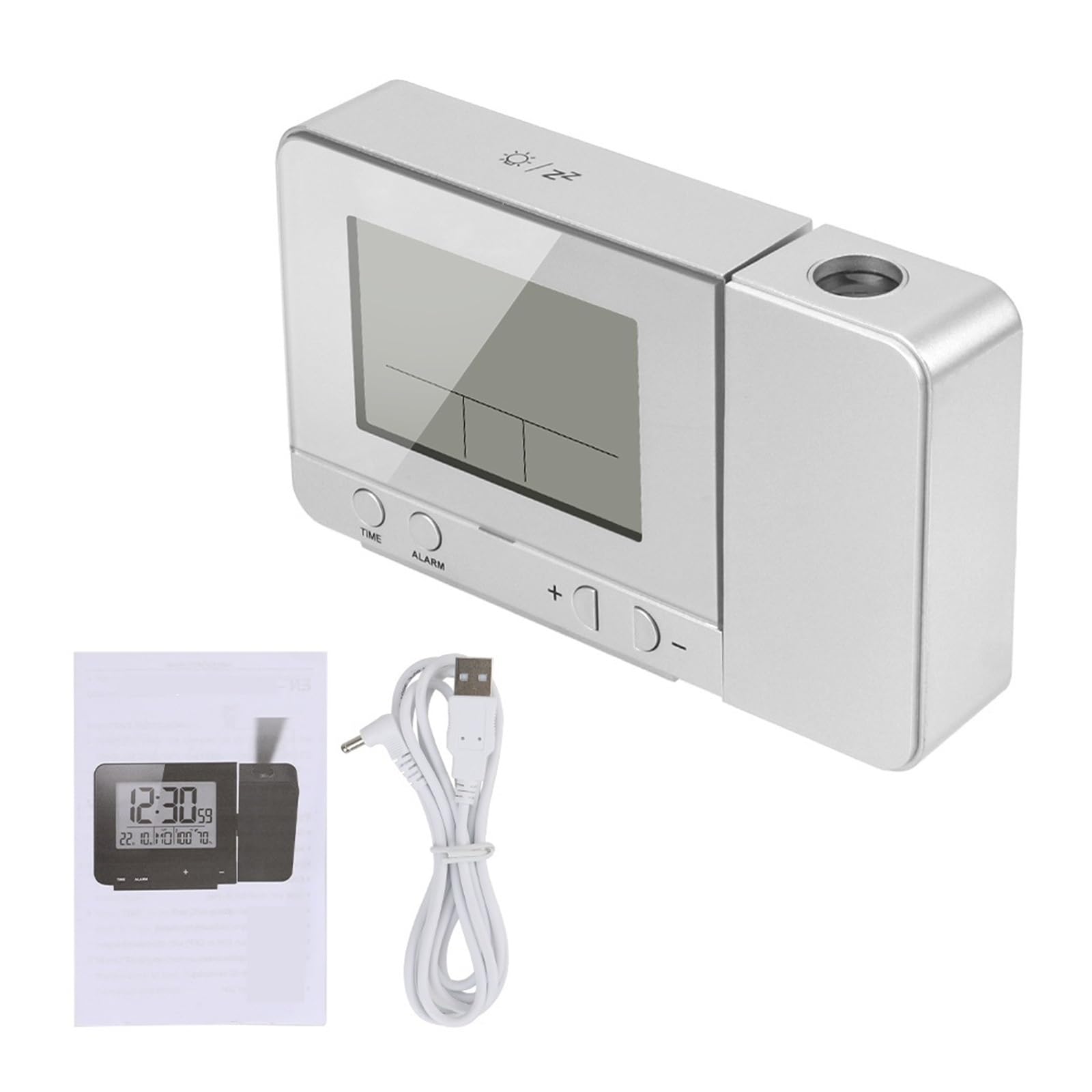 Projektionswecker, Innentemperatur, Luftfeuchtigkeit, Digitales Datum, Schlummerfunktion, Schreibtisch, Tisch, LED-Uhr Klare Projektion(Silver)