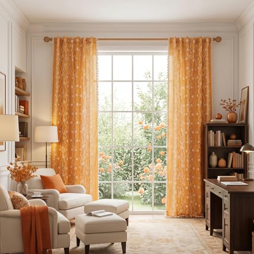 Image of MYSKY HOME Golden Yellow Boho Floral Curtains 45 Inch Long for Kitchen Cafe | Linen Blend Light Filtering Semi Sheer Vintage Drapes for Cafe Farmhouse with Tassels Rod Pocket, 50 inch Wide, 2 Panels