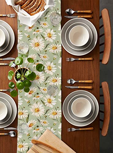 Spring Floral Table Runner 36 Inches, Watercolor Daisy Summer Flower Botanical Green Bed Runner Dresser Scarves Tabletop For Indoor Outdoor Parties/Ceremony/Banquet, 13"X 36" #TOP1