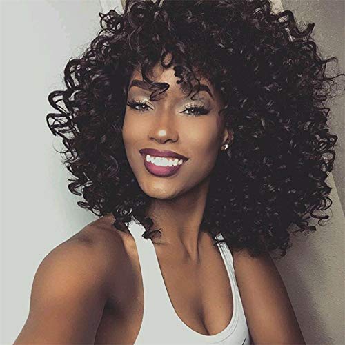AISI BEAUTY Short Kinky Curly Wig with Bangs Synthetic Curly Wigs for Black Women Afro Full Wig Jet Black Heat Resistant Hair 14'' 290g
