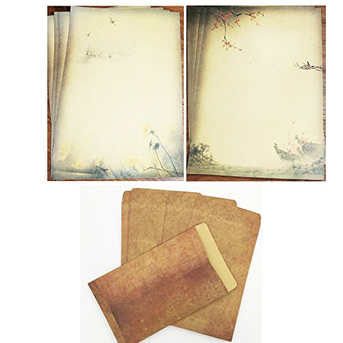 QingLanJian Vintage Kraft Paper Writing Paper with Envelopes Stationary Sets-32 Sheets and 16 Envelopes